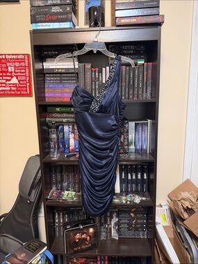 City Studio One-Shoulder Navy Ruched Cocktail Dress with Embellished Strap